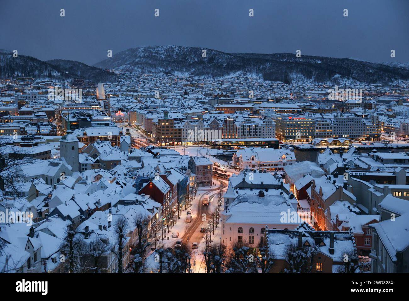 Bergen 20240119.Overview of Bergen from Skansen in the snowy weather. Photo Silje Katrine