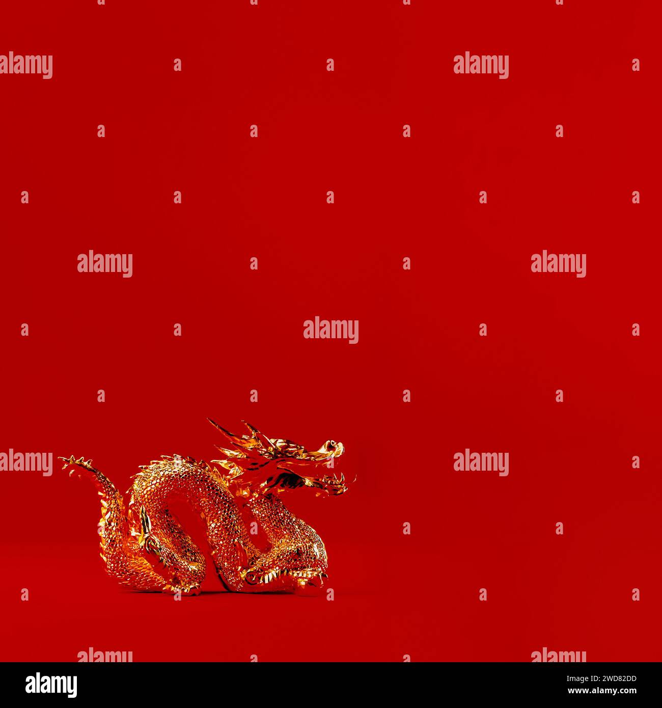 Gold dragon isolated on red background, Chinese new year 2024 Year of the dragon concept, 3d render. Stock Photo