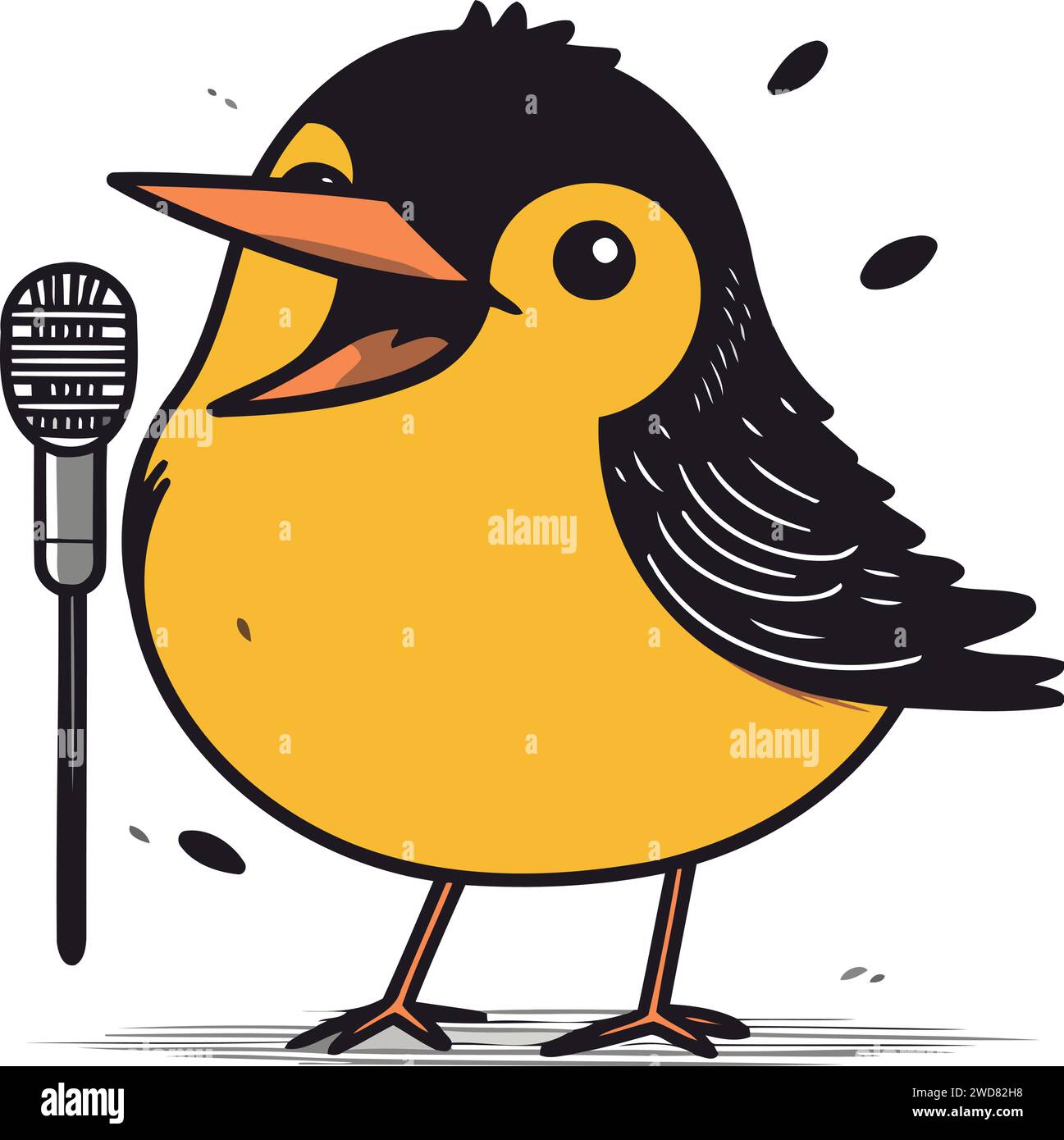 Cute little bird singing into microphone. Hand drawn vector