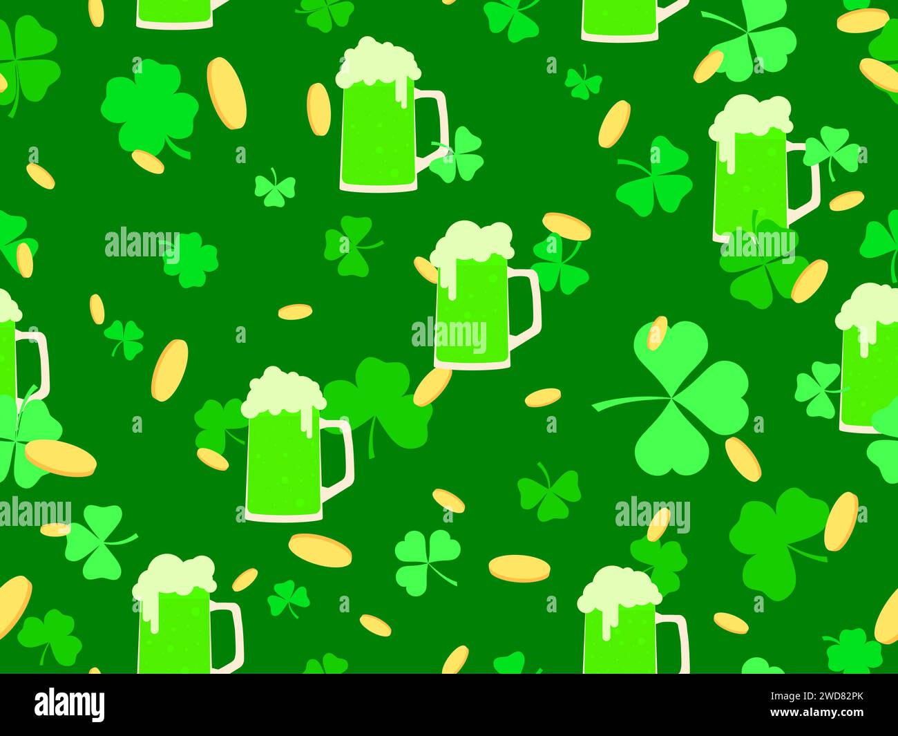 Seamless pattern with glasses of green beer, clover leaves and gold coins for St. Patrick's Day. Beer mugs with foam. Festive design for wallpaper, ba Stock Vector
