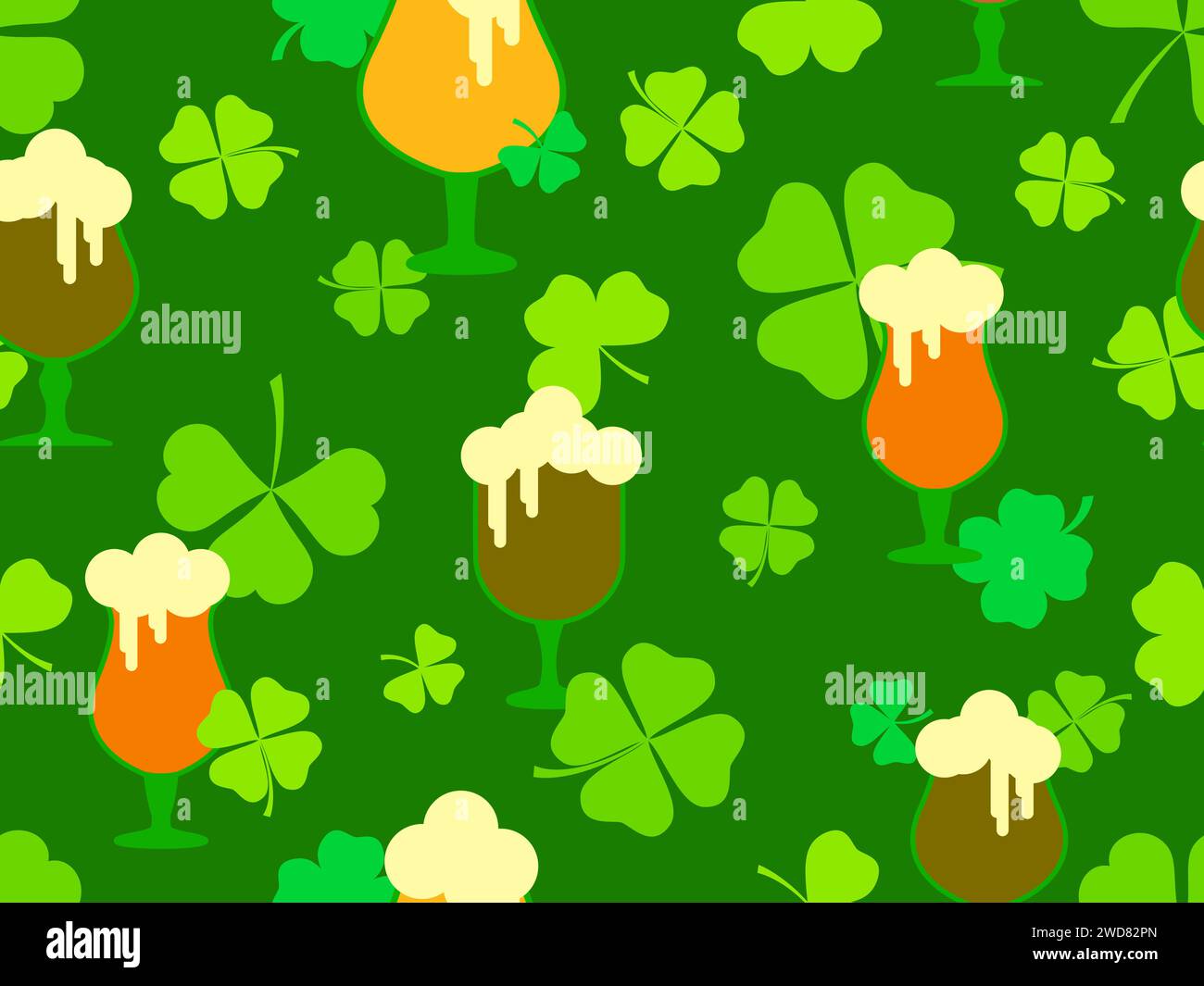 Seamless pattern with clover leaves and glasses of beer for St. Patrick's Day. Glasses of beer on a stem with foam. Festive design for wallpaper, bann Stock Vector