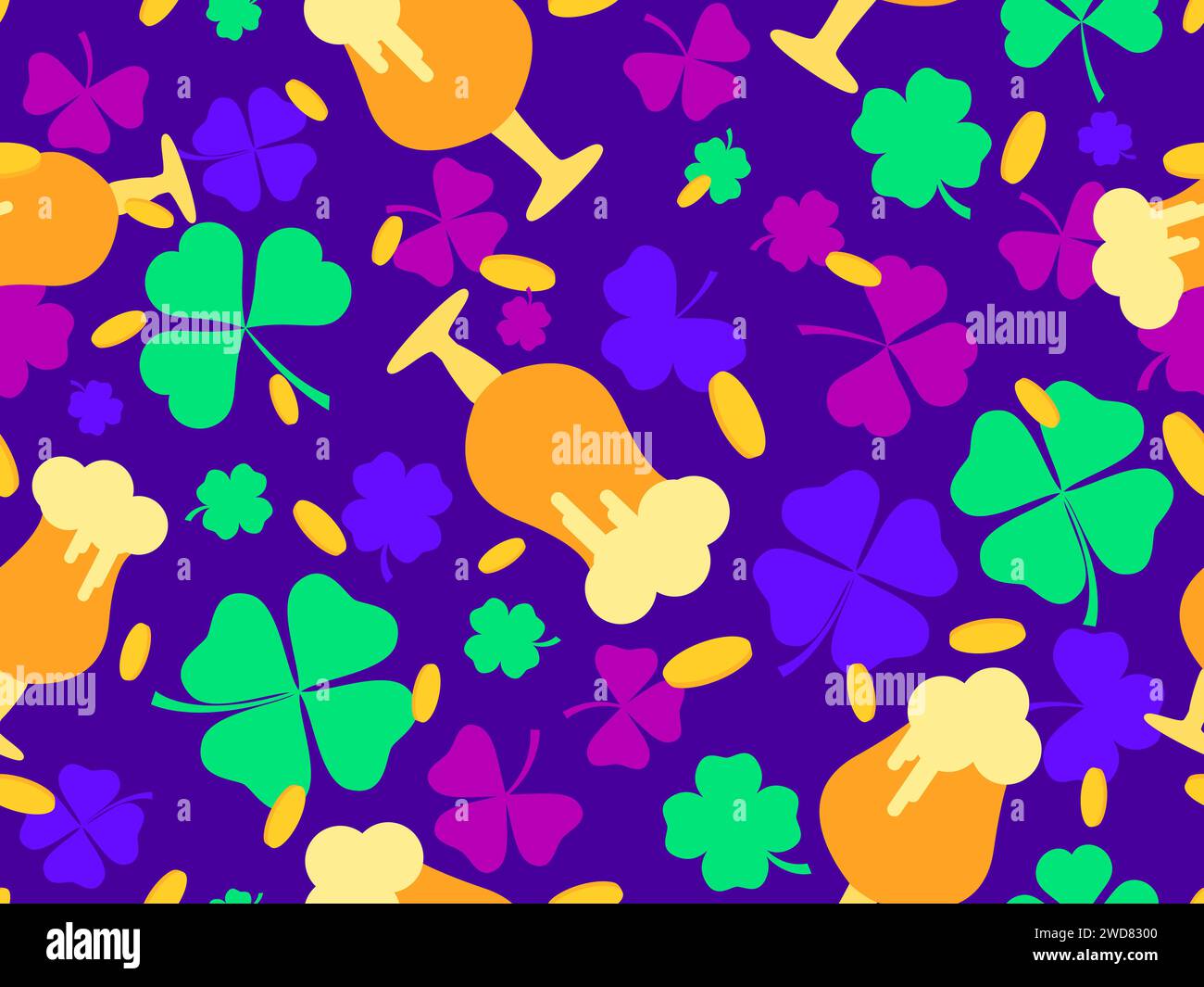Seamless pattern with gold coins, clover leaves and glasses of beer for St. Patrick's Day. Glasses of beer on a stem with foam. Design for wallpaper, Stock Vector