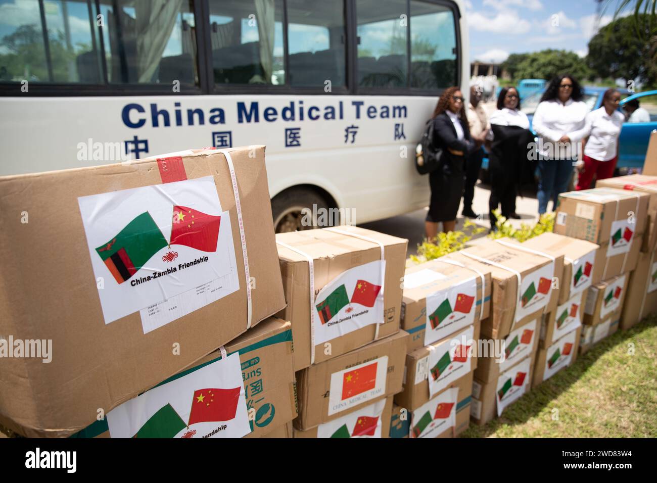 Lusaka, Zambia. 18th Jan, 2024. Medical supplies donated by China are