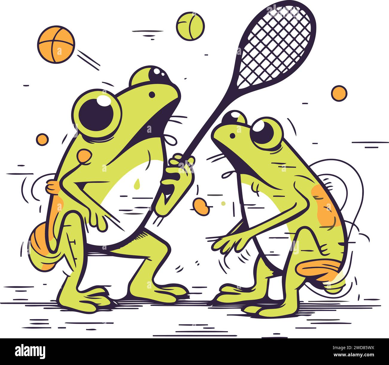 Frogs playing tennis with racket and ball. Vector illustration Stock