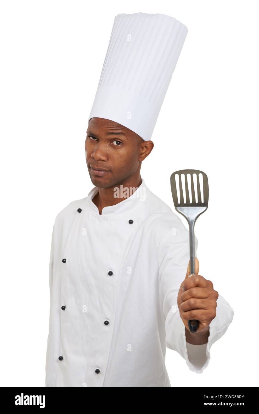 Man, chef and portrait with spatula tool in studio isolated on white background. Face, professional cook and kitchen turner, metal or utensil for Stock Photo
