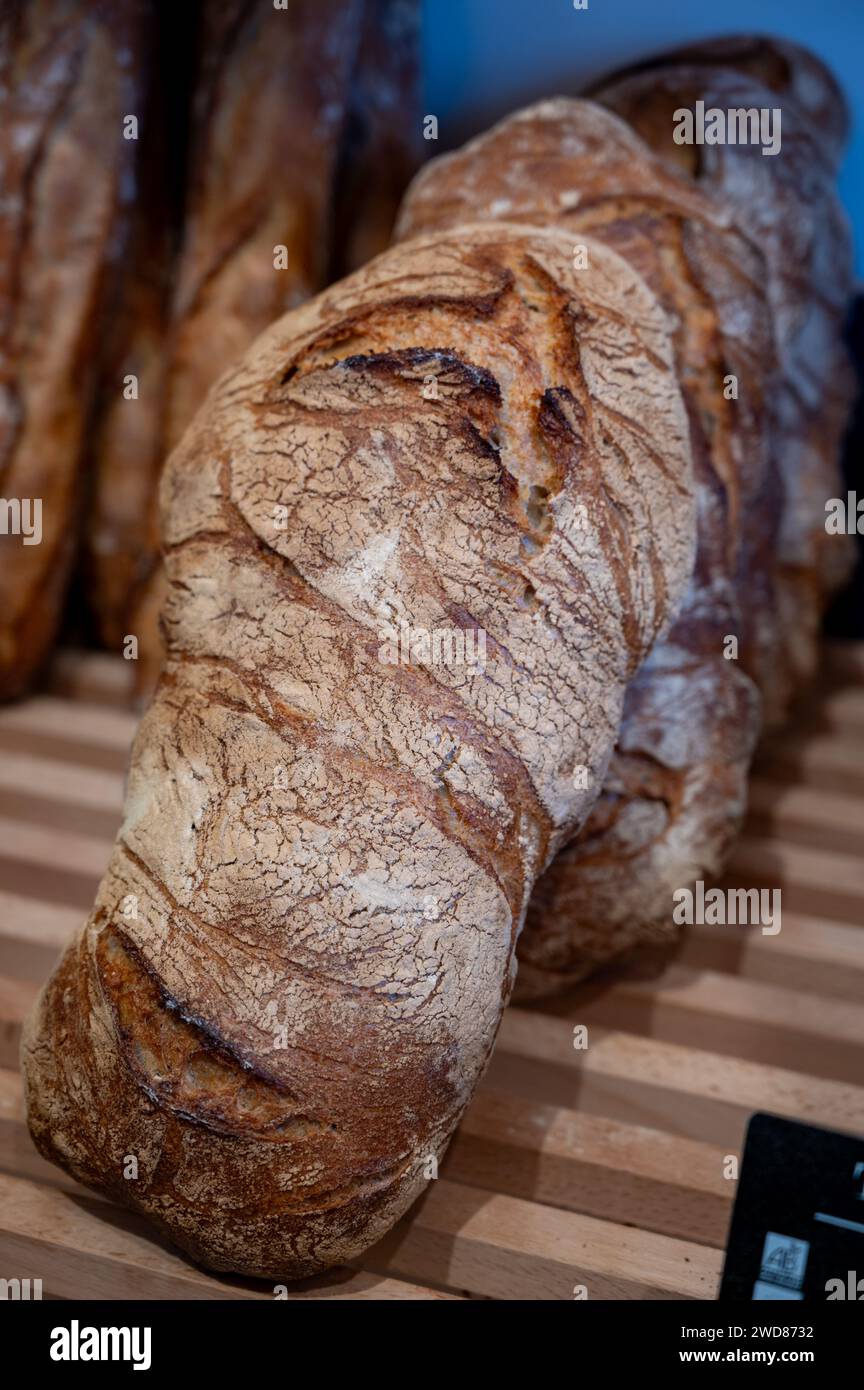 French artisan bakery in Bordeaux, rye and wheat bread and baguettes ...