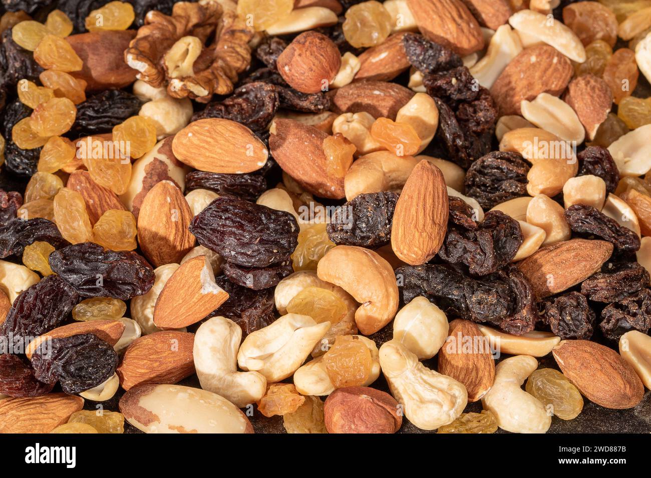 Closeup of a variety of nuts and dried fruits mix, perfect for promoting healthy eating habits