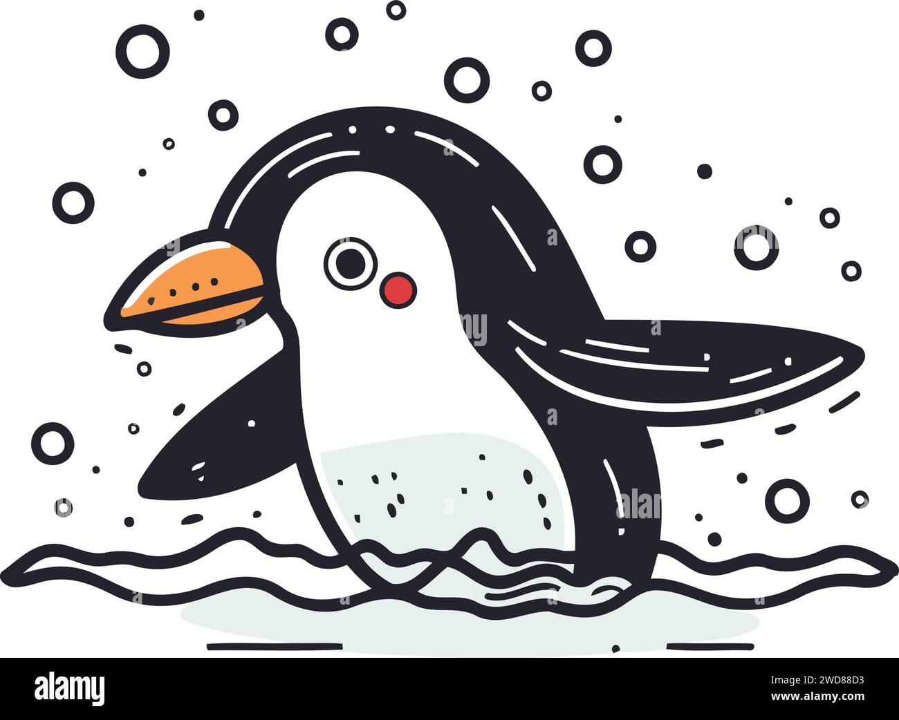Cute penguin swimming in the sea. Hand drawn vector illustration Stock