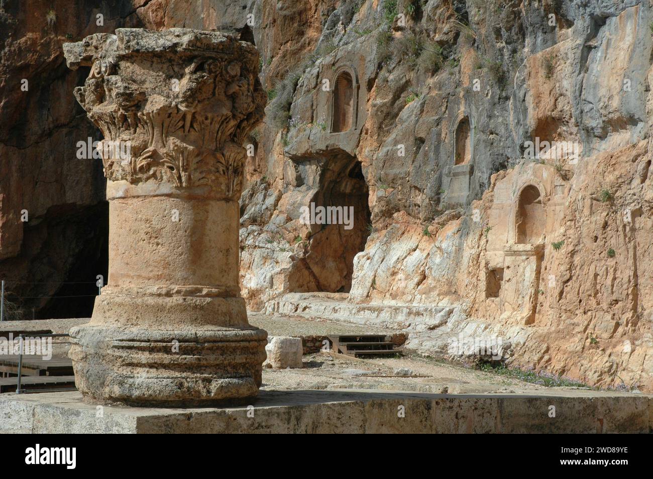 Marble columns and other archeological remains of an ancient city in northern Israel at the foot of Mount Hermon known as Banias or Banyas. Stock Photo
