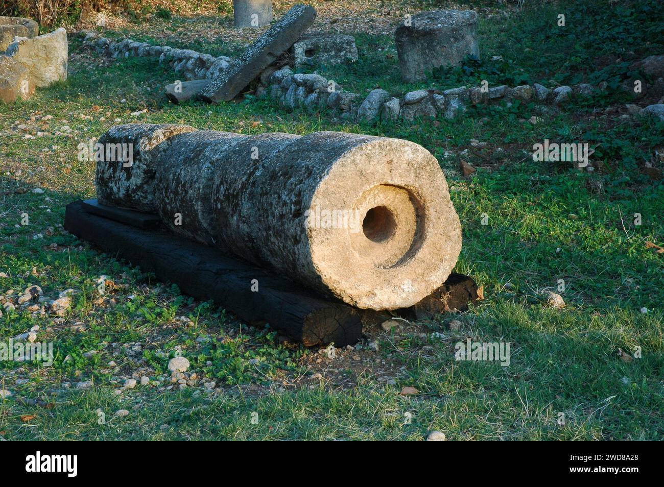 Marble columns and other archeological remains of an ancient city in northern Israel at the foot of Mount Hermon known as Banias or Banyas. Stock Photo