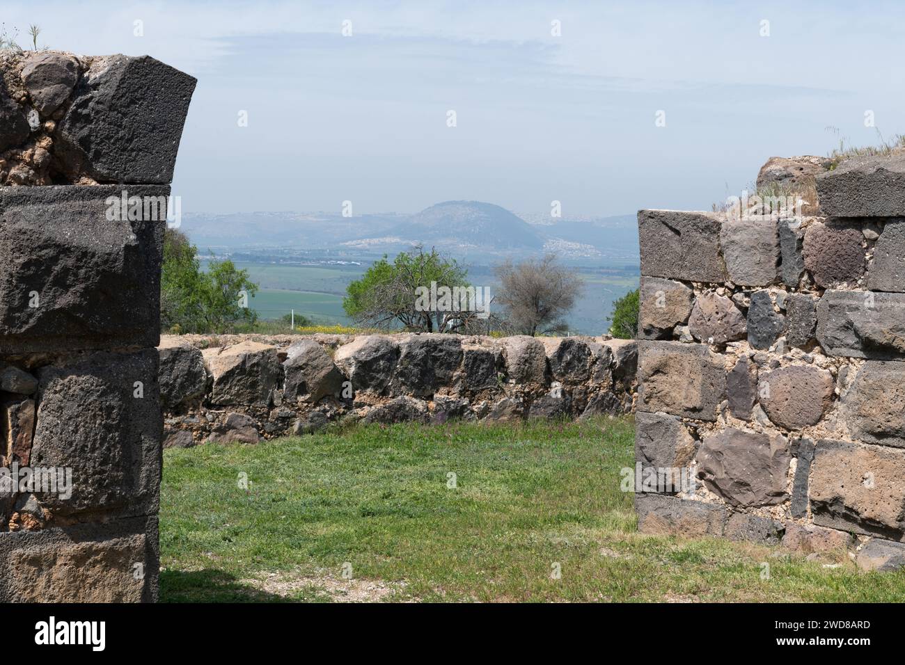Section of the restored basalt stone wall of the Belvoir Crusader Castle in northern Israel's Galilee region. Stock Photo