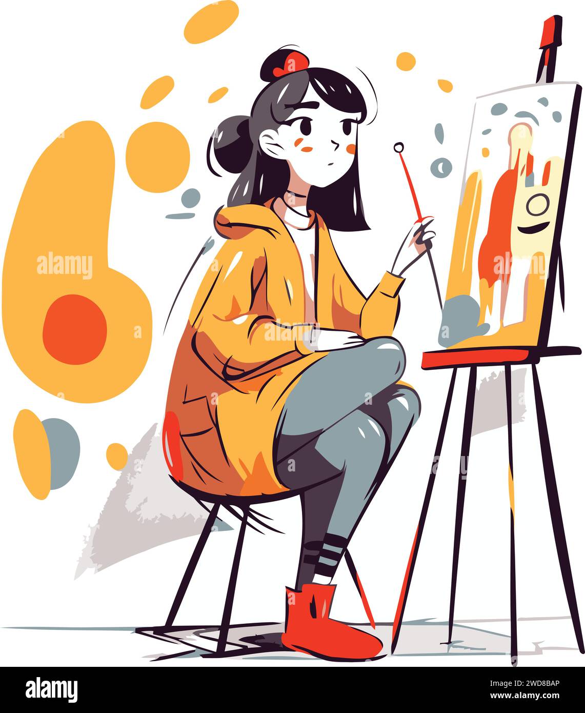 Young woman painting a picture on canvas. Vector illustration in cartoon style Stock Vector