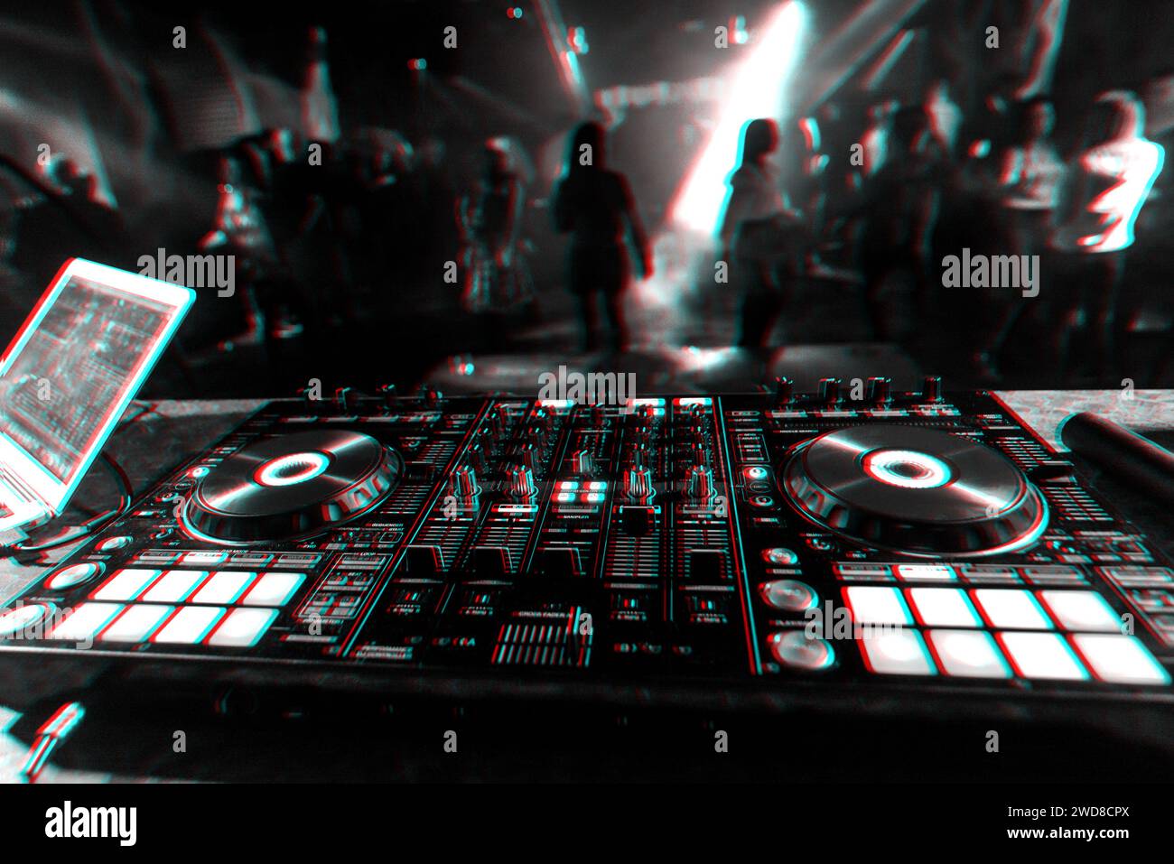 professional DJ mixer controller for mixing music in a nightclub with dancing people on the dance floor. Black and white photo with glitch effect and Stock Photo