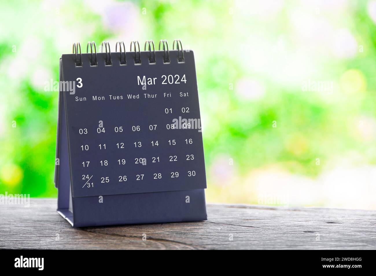 March 2024 table calendar with nature background. Calendar and month concept. Stock Photo