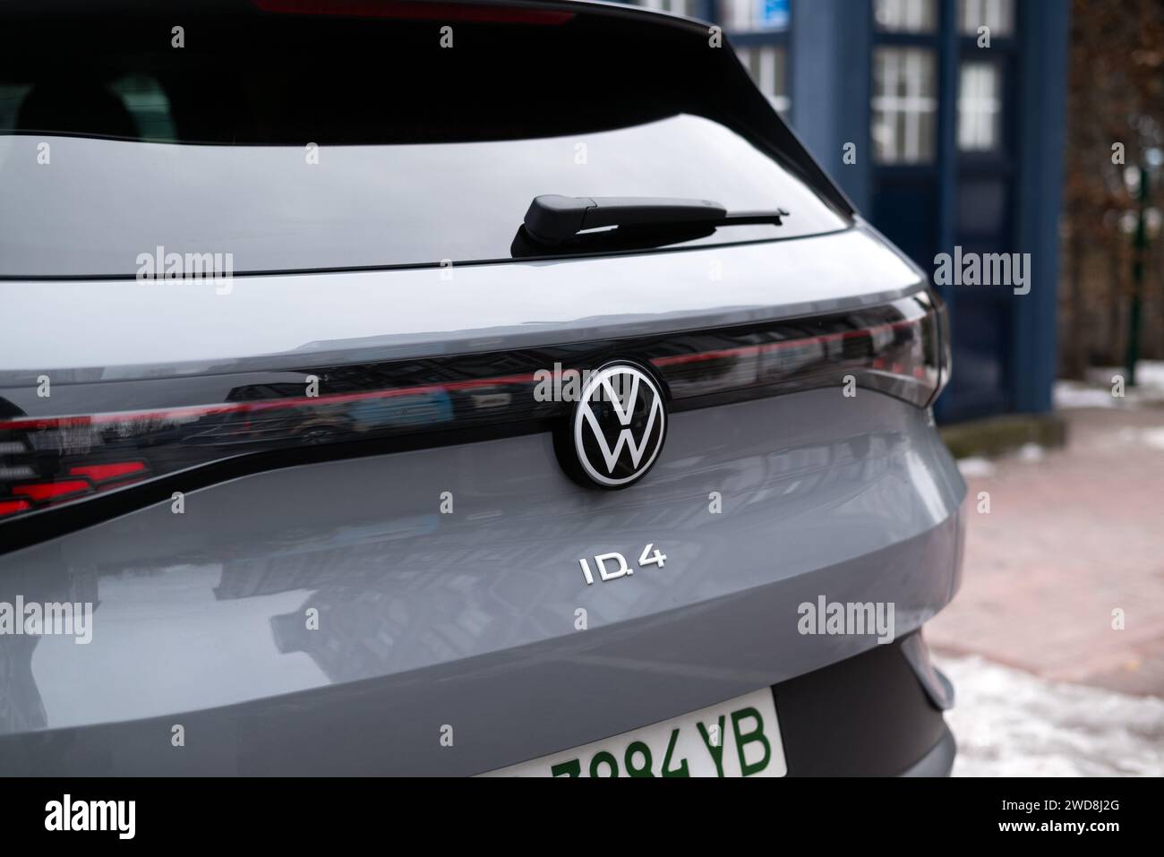 Kyiv, Ukraine. 19 January 2024. Back View gray Volkswagen ID.4 allelectric SUVcoupe car close