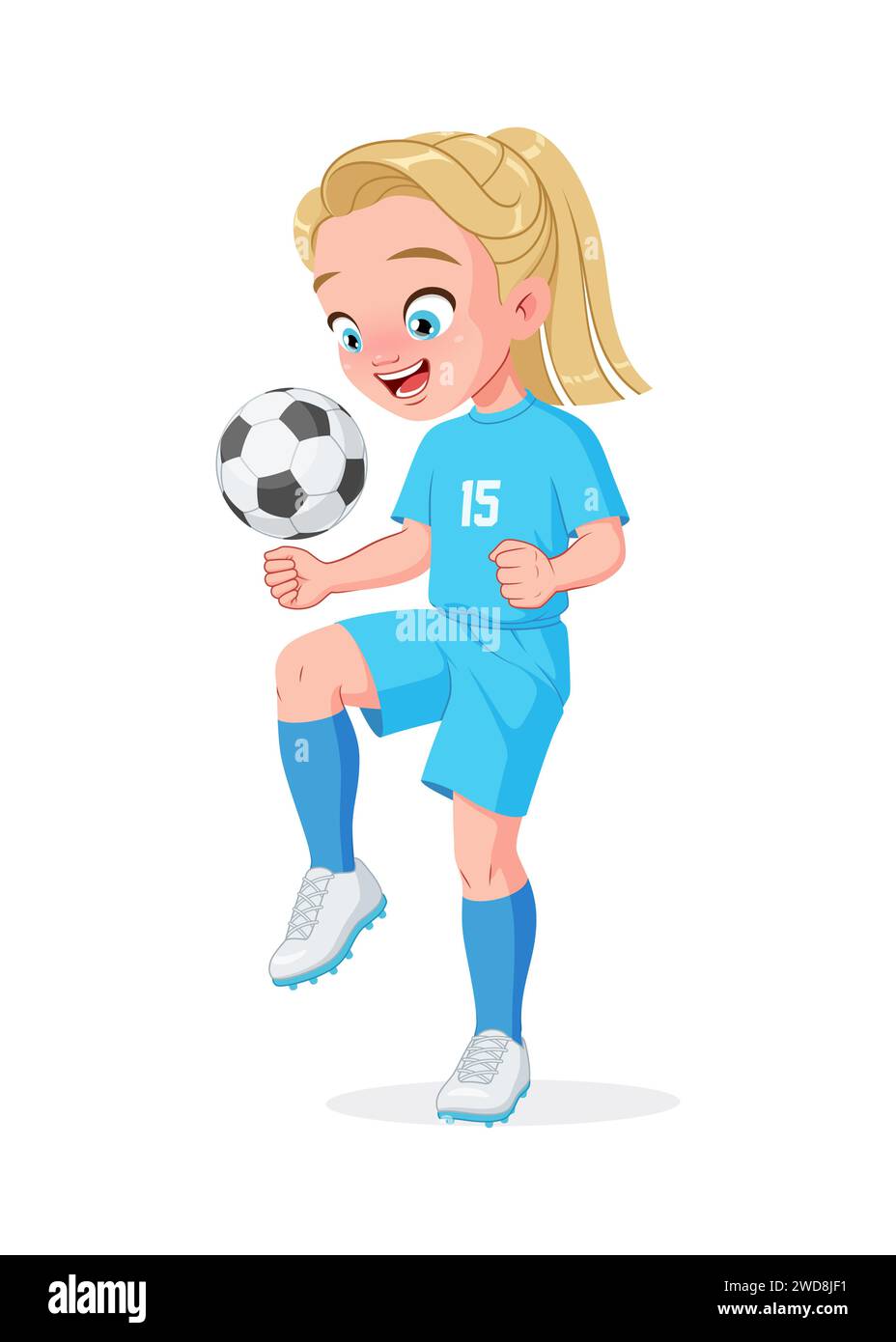 Little girl football player in blue uniform kicking soccer ball with
