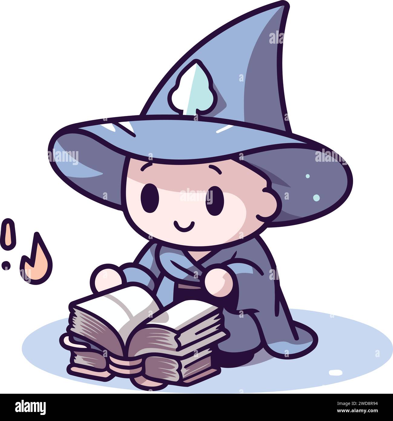 Cute boy in a witch costume reading a book. Vector illustration. Stock Vector