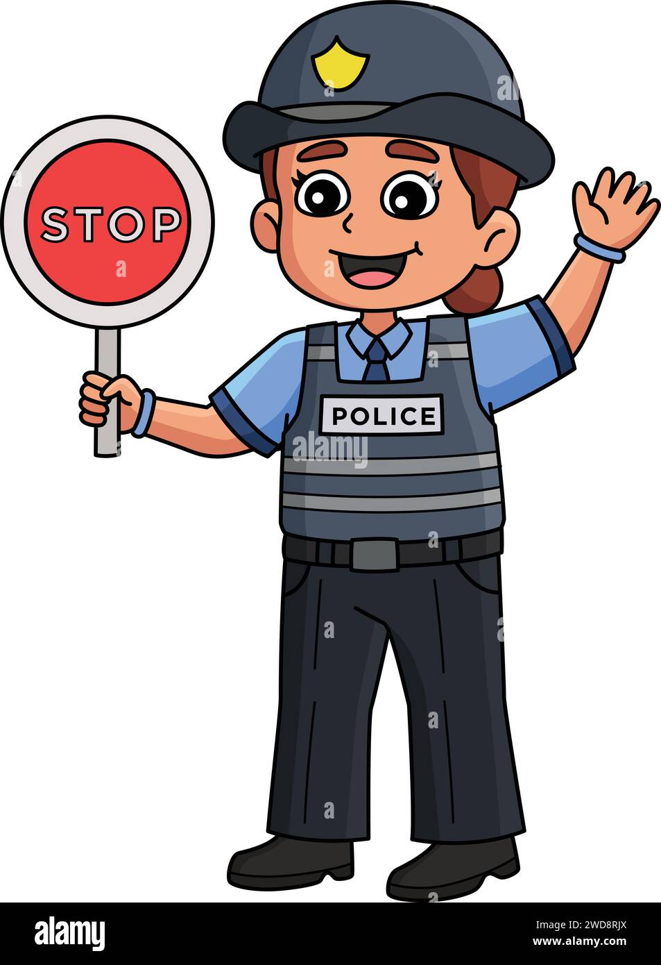 Police Traffic Officer Holding Stop Sign Cartoon Colored Stock Vector