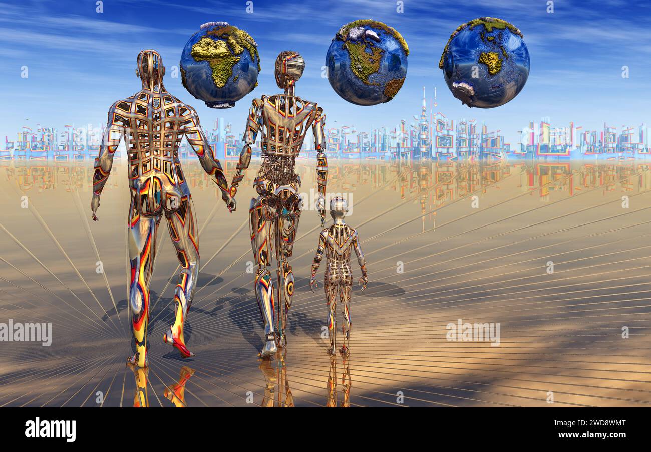 Transhuman Family Looking At Multiple Earths. Stock Photo