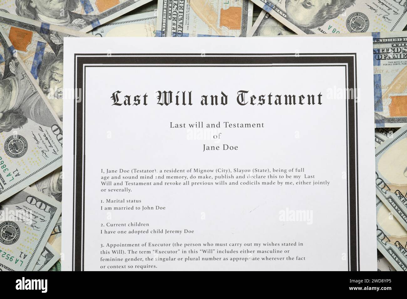 last-will-and-testament-on-dollar-bills-top-view-stock-photo-alamy