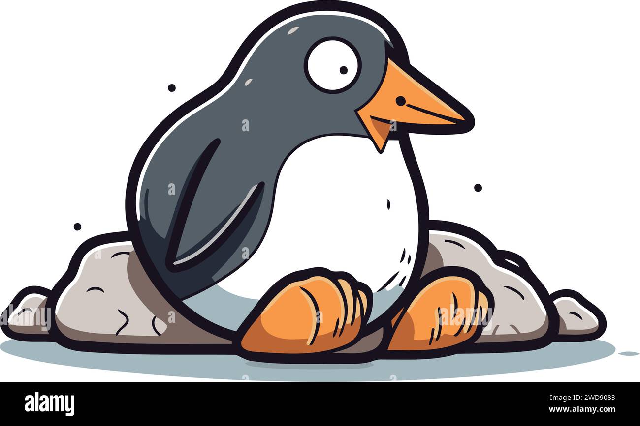 Cute penguin sitting on the rock. Vector cartoon illustration Stock