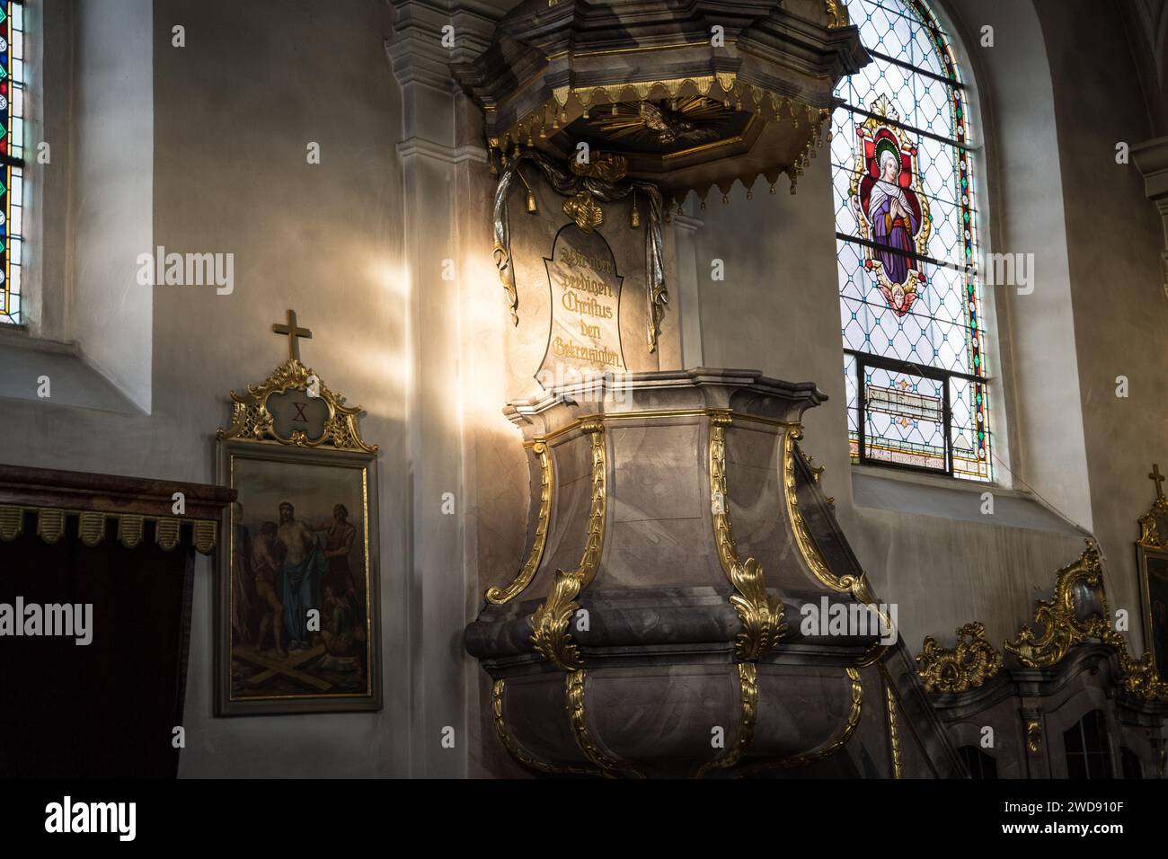 Stained glass window illustrating the resurrection of Jesus in a grand