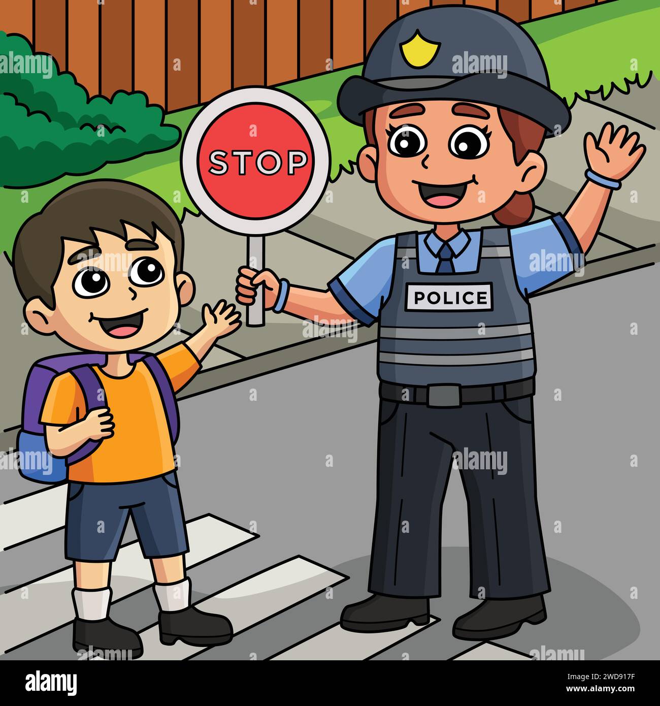 Police Traffic Officer helping Kid Colored Cartoon Stock Vector