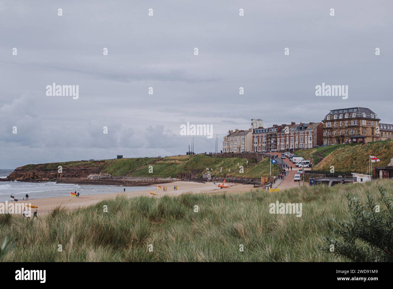 Tynemouth UK: 5th August 2023: Tynemouth seaside Lowsands Beach popular surfing area Stock Photo