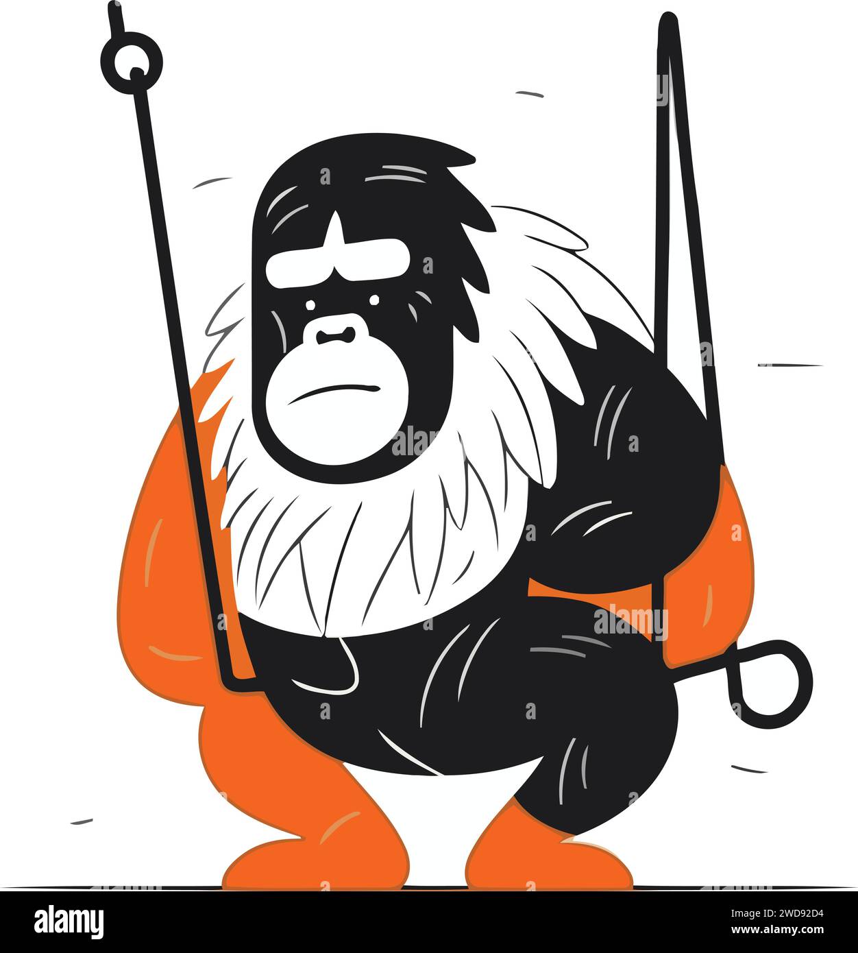 Gorilla swinging on a swing. Monochrome vector illustration Stock