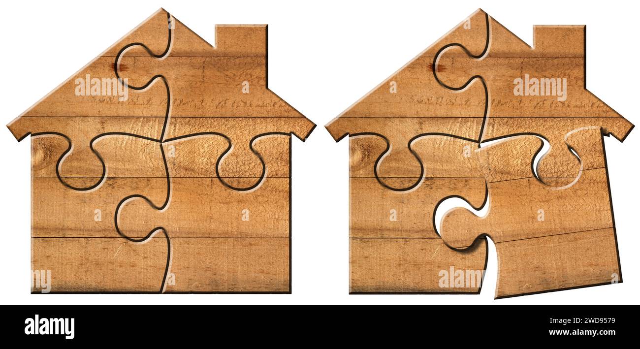 Wooden house made of jigsaw puzzle pieces isolated on white background