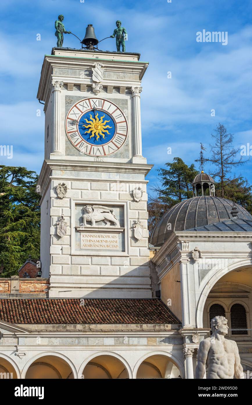 Clock and bell tower of the Loggia di San Giovanni in Freedom square (Piazza della Liberta), Udine, Friuli-Venezia Giulia, Italy, Europe. Stock Photo