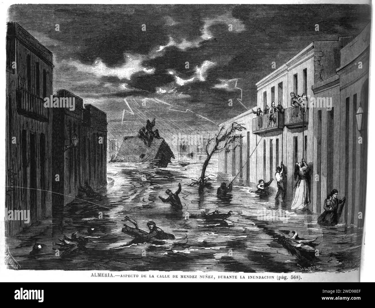 1871-11-25, La Ilustración Española y Americana, Almería, Aspecto de la calle de Méndez Núñez durante la inundación. Stock Photo