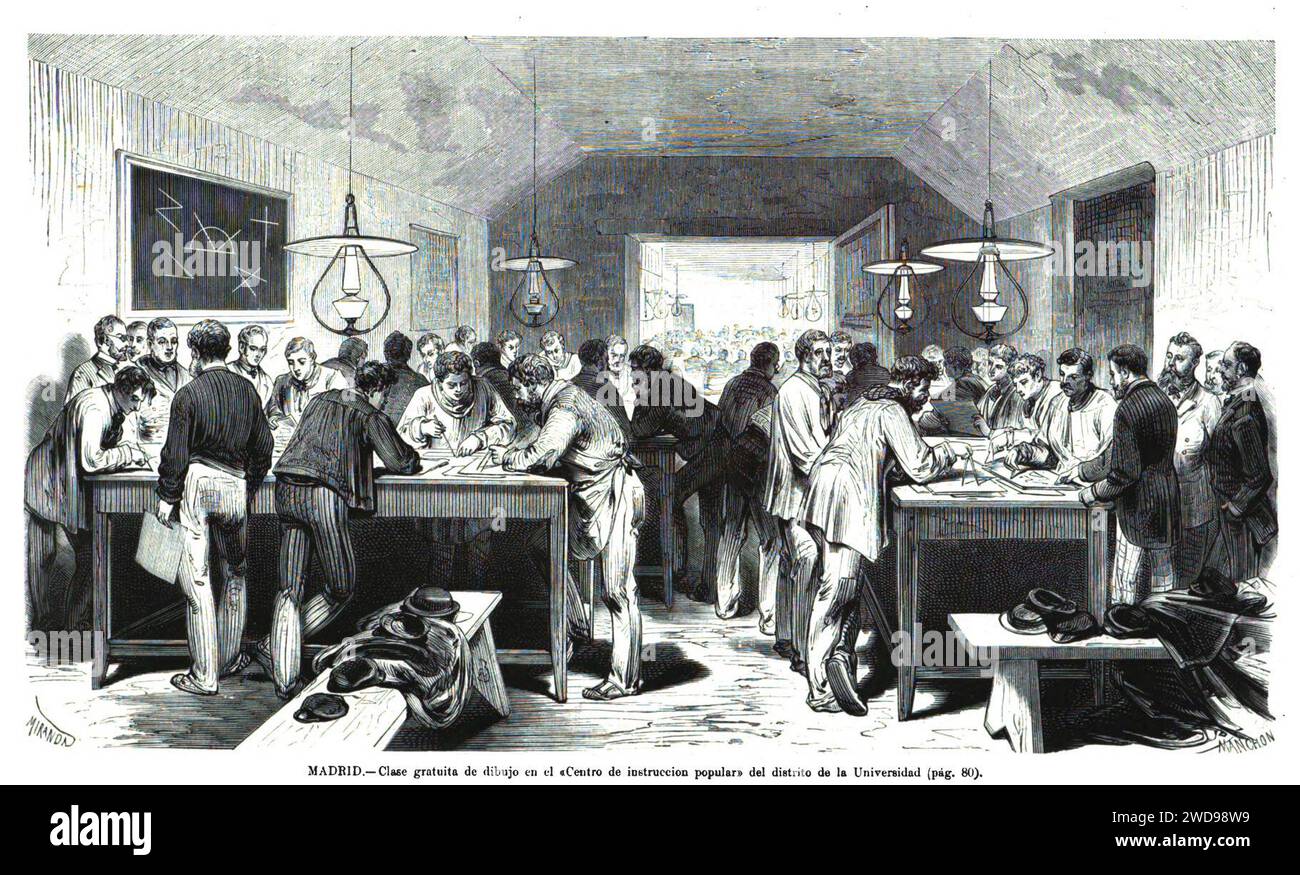 1872-02-01, La Ilustración Española y Americana, Madrid, Clase gratuita de dibujo en el Centro de instrucción popular del distrito de la Universidad. Stock Photo