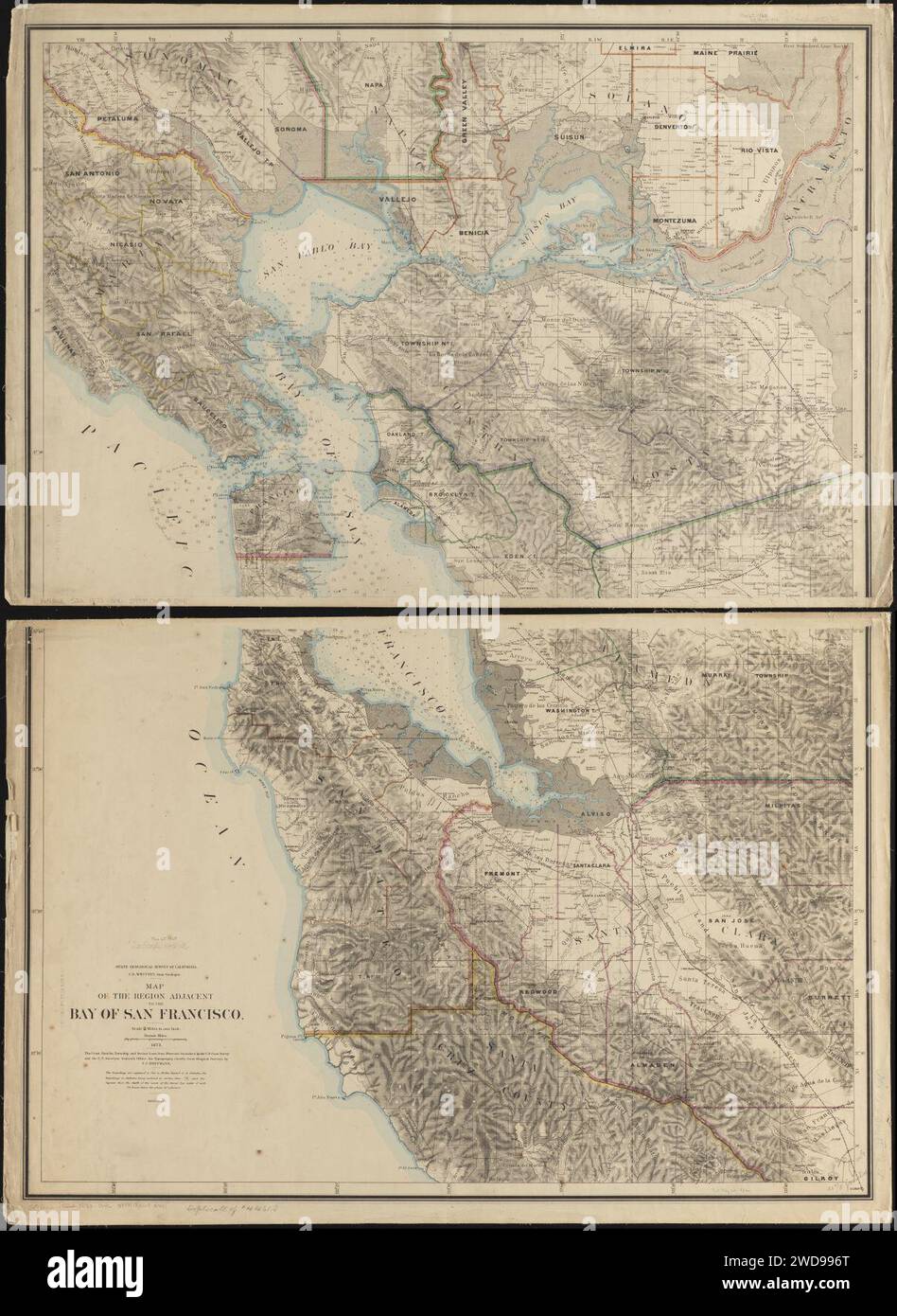 1873 Map of the region adjacent to the bay of San Francisco, by U.S. Coast Survey and Surveyor General's Office, C. F. Hoffman, Julius Bien, Stock Photo