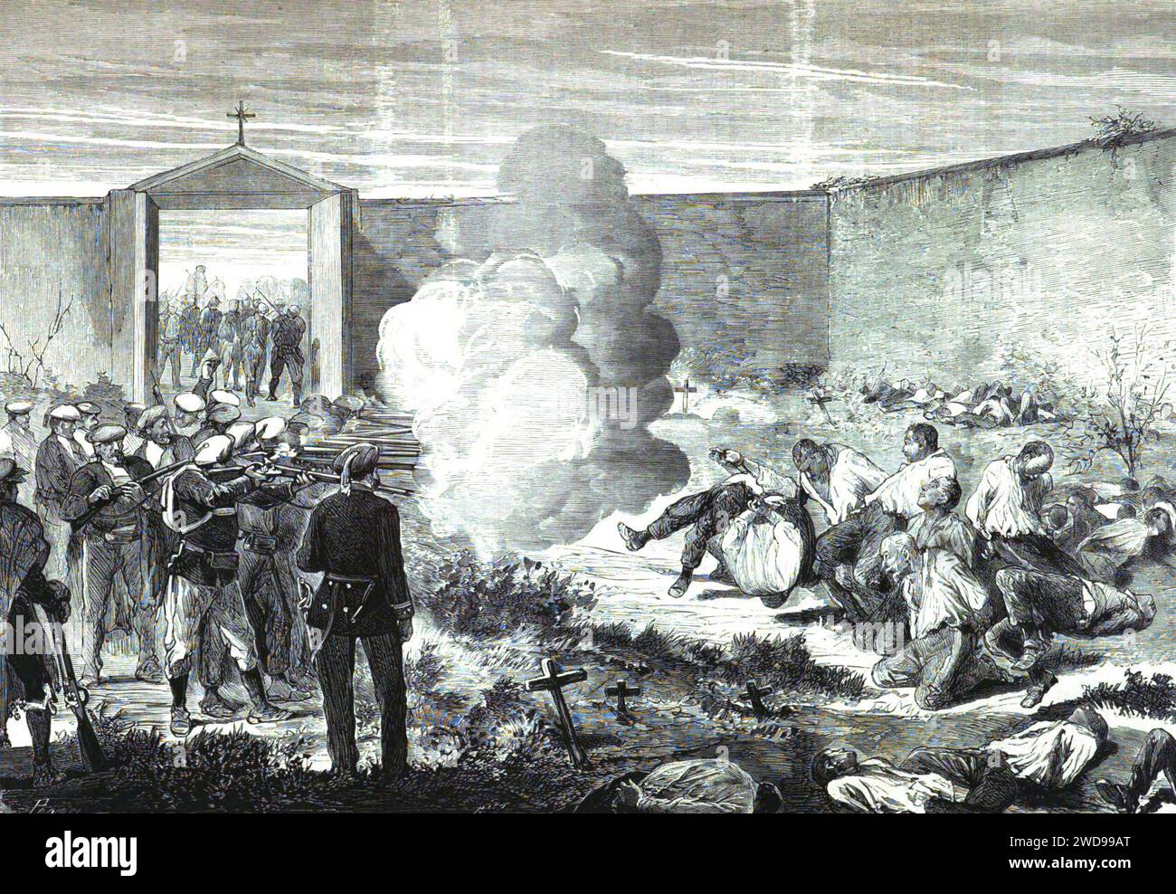 1874-08-30, La Ilustración Española y Americana, Fusilamiento de prisioneros de la columna Nouvilas en el cementerio de Llayés, el 17 de julio (cropped). Stock Photo