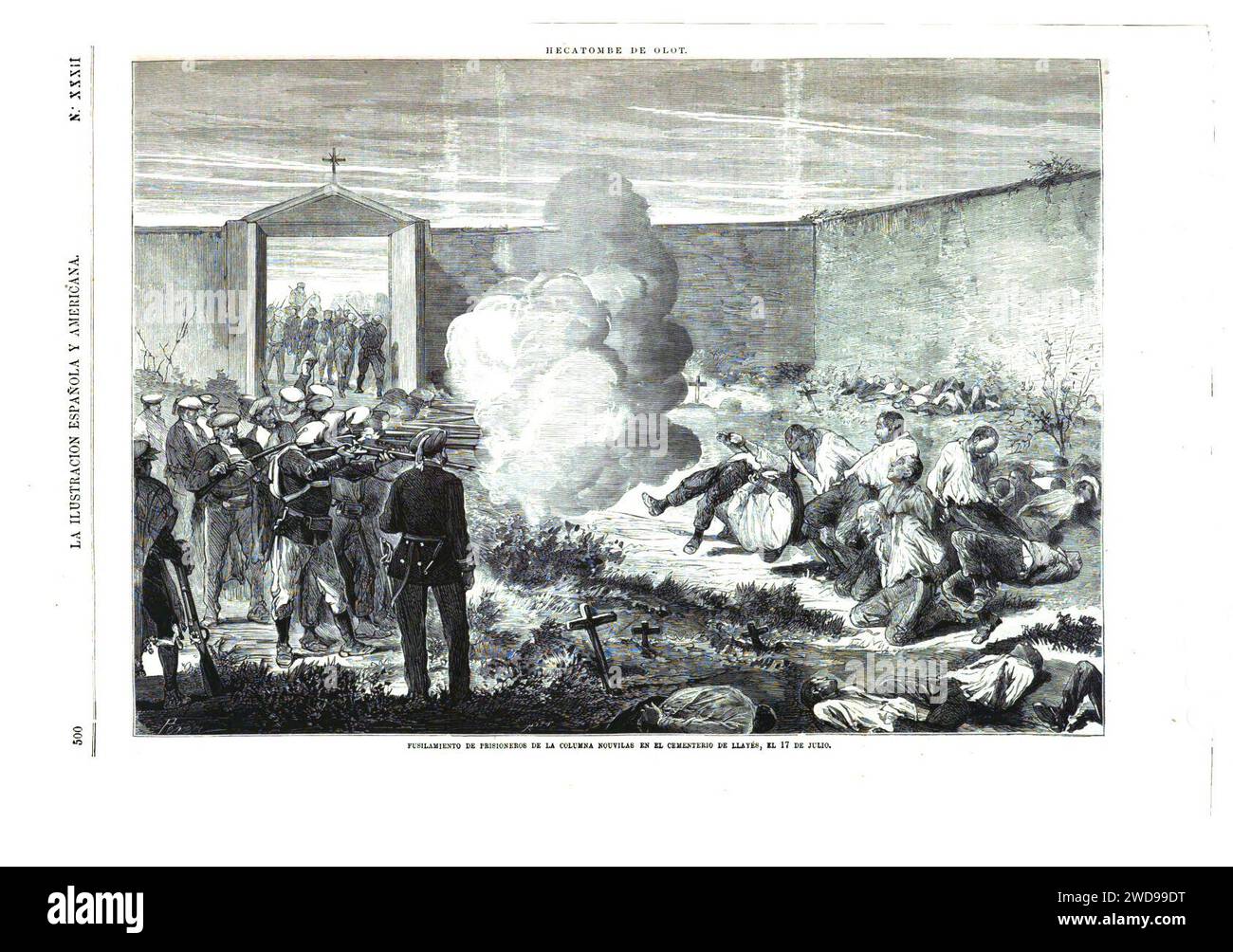 1874-08-30, La Ilustración Española y Americana, Fusilamiento de prisioneros de la columna Nouvilas en el cementerio de Llayés, el 17 de julio. Stock Photo
