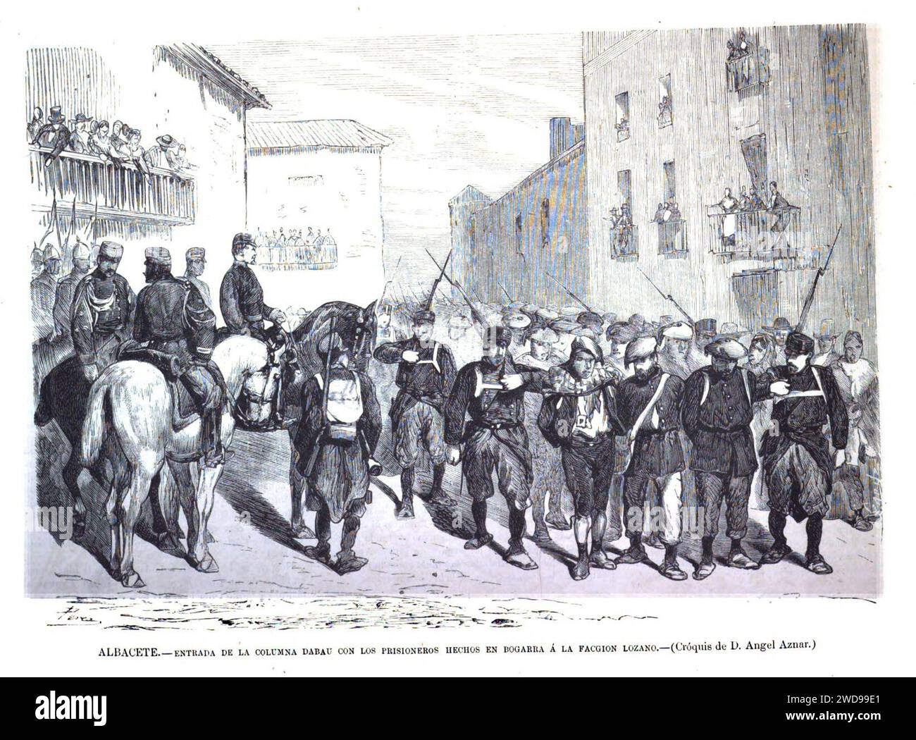 1874-11-22, La Ilustración Española y Americana, Albacete, Entrada de la columna Dabau con los prisioneros hechos en Bogarra á la facción Lozano. Stock Photo
