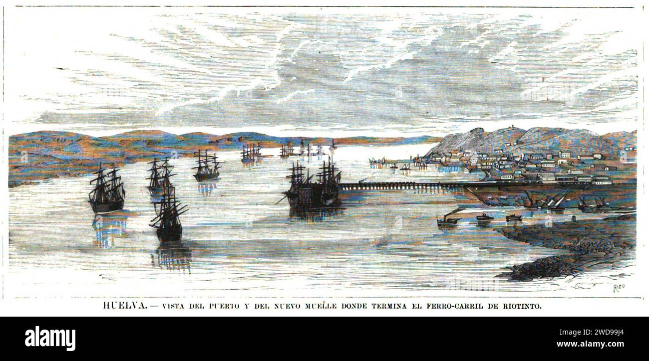 1875-08-15, La Ilustración Española y Americana, Contrastes (cropped) Huelva, Vista del puerto y del nuevo muelle donde termina el ferro-carril de Riotinto. Stock Photo