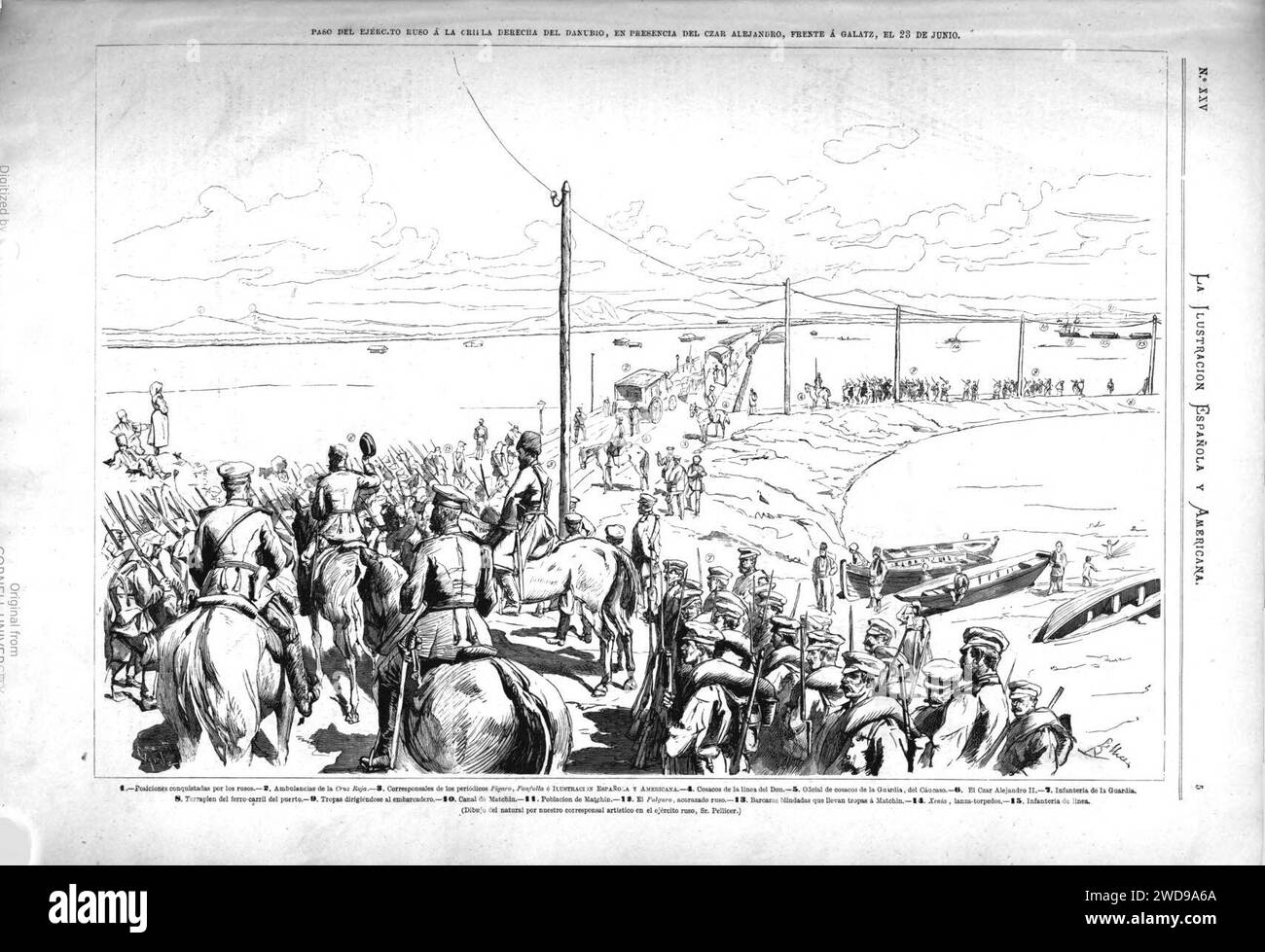 1877-07-08, La Ilustración Española y Americana, Paso del Ejército ruso á la orilla derecha del Danubio, en presencia del czar Alejandro, frente á Galatz, el 23 de junio. Stock Photo
