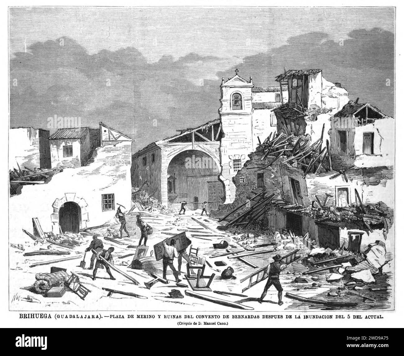 1877-09-22, La Ilustración Española y Americana, Brihuega (Guadalajara), Plaza de Merino y ruinas del convento de bernardas después de la inundación del 5 del actual. Stock Photo