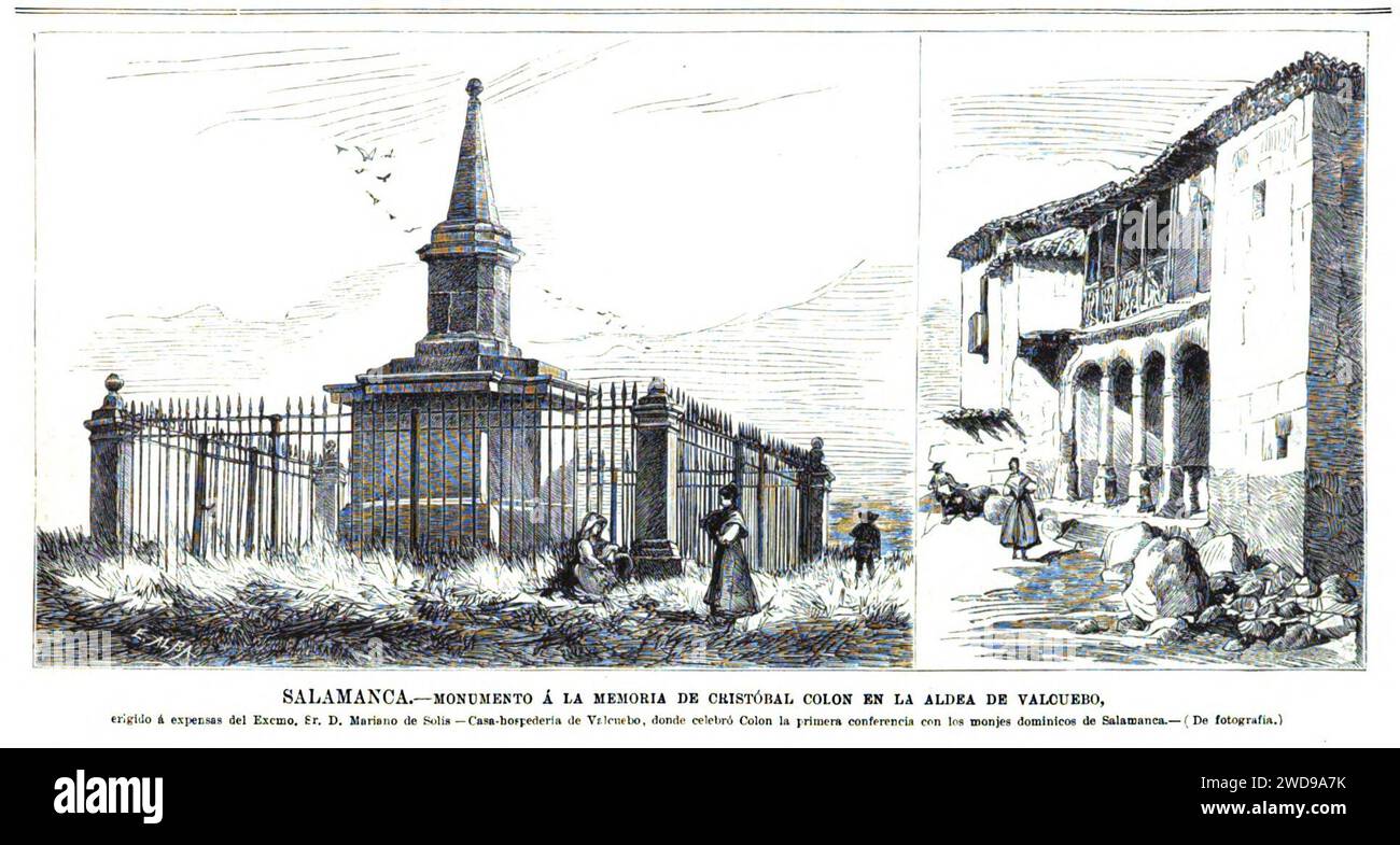 1877-12-15, La Ilustración Española y Americana, Salamanca, Monumento á la memoria de Cristóbal Colón en la aldea de Valcuebo. Stock Photo