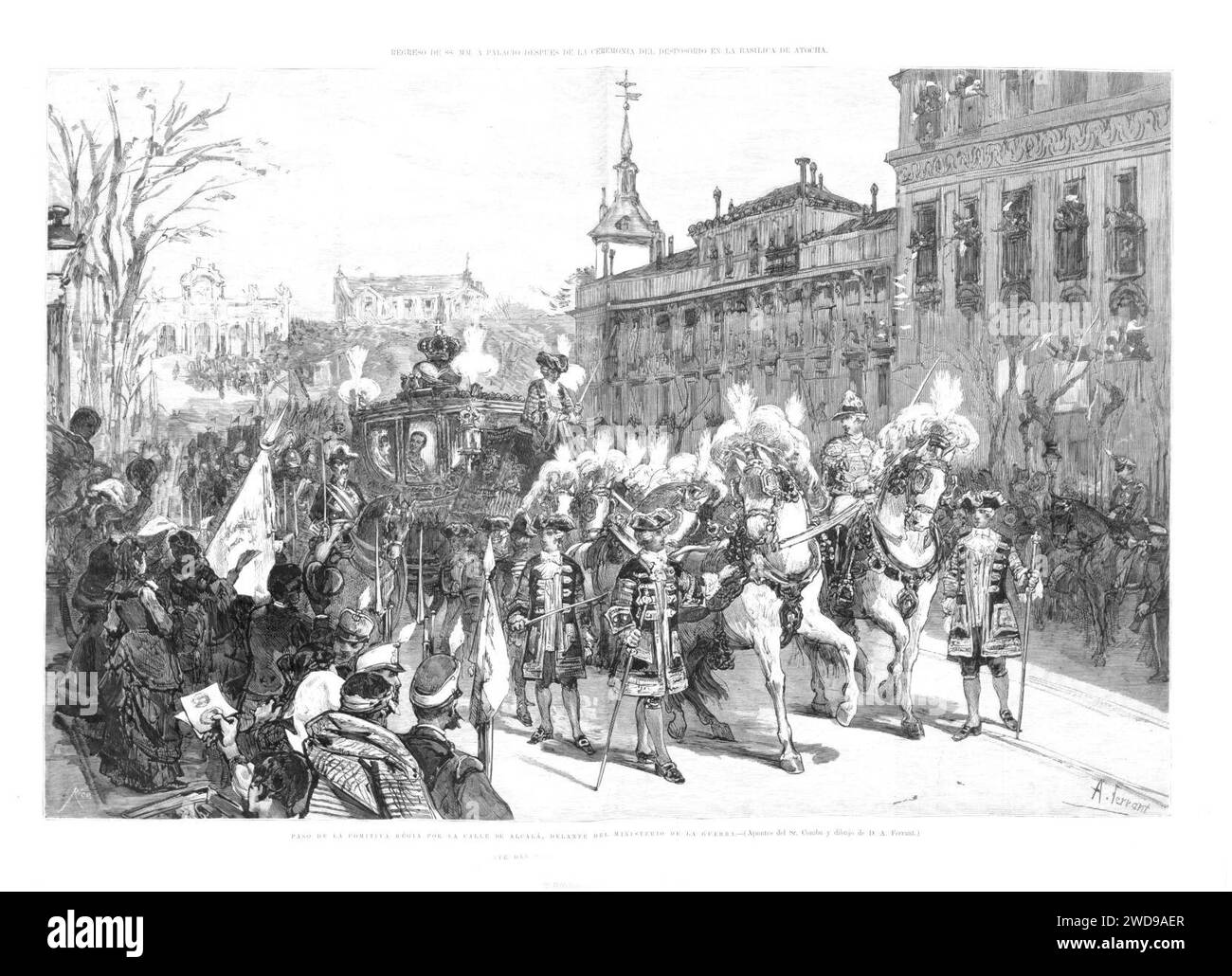1878-01-30, La Ilustración Española y Americana, Paso de la comitiva regia por la calle de Alcalá, delante del Ministerio de la Guerra. Stock Photo