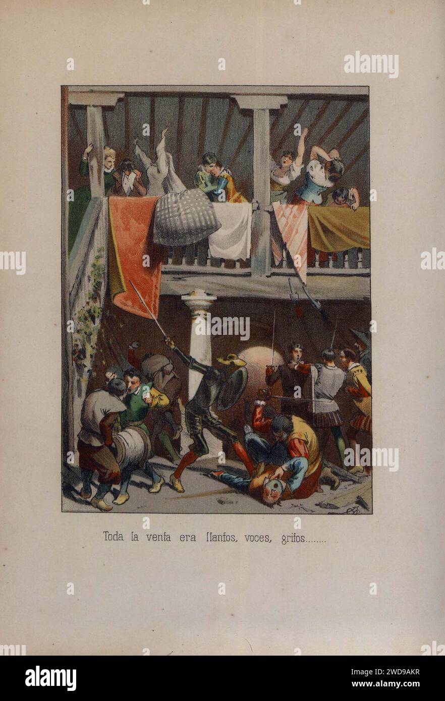 1879, El ingenioso hidalgo D. Quijote de la Mancha, Toda la venta eran llantos, voces, gritos, Mestres. Stock Photo