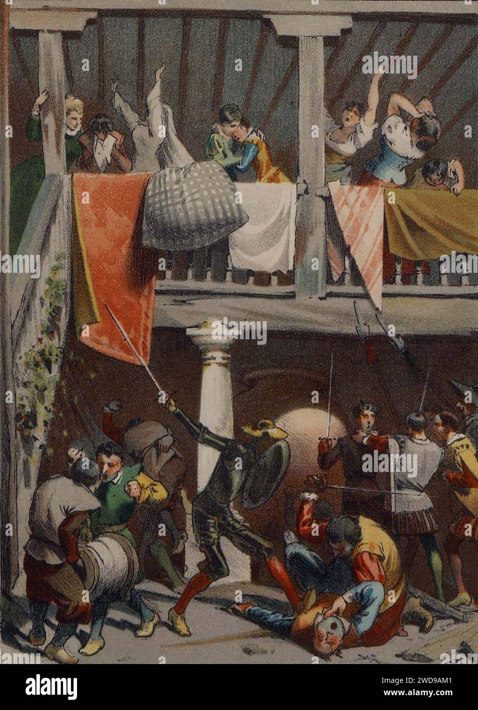 1879, El ingenioso hidalgo D. Quijote de la Mancha, Toda la venta eran llantos, voces, gritos, Mestres (cropped). Stock Photo