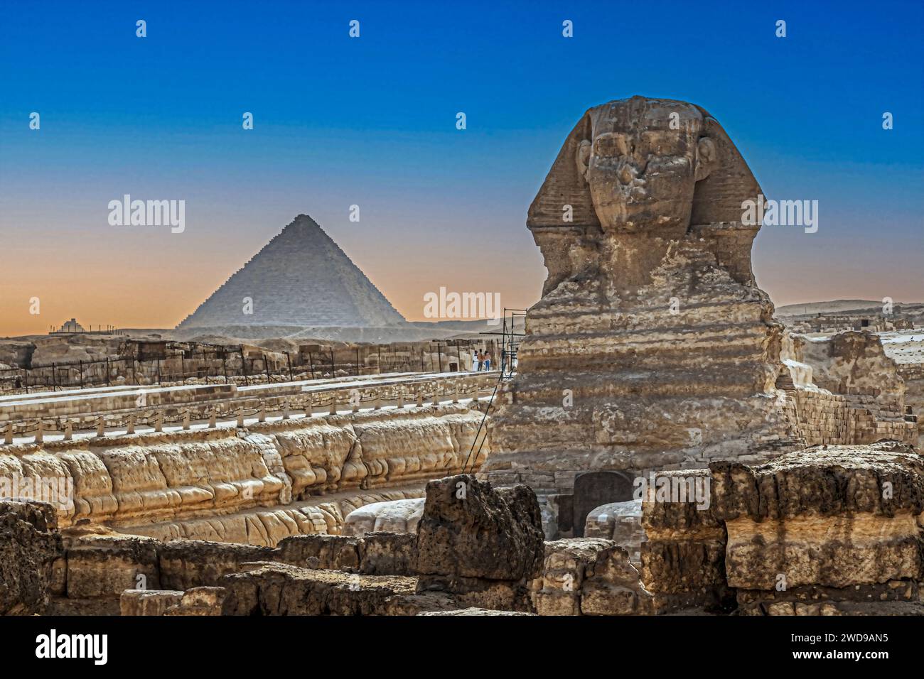 View with the Great Sphinx of Giza, near the site of the Great Pyramids of the Giza Necropolis. Al Haram, Giza Governorate, Egypt, Africa. Stock Photo