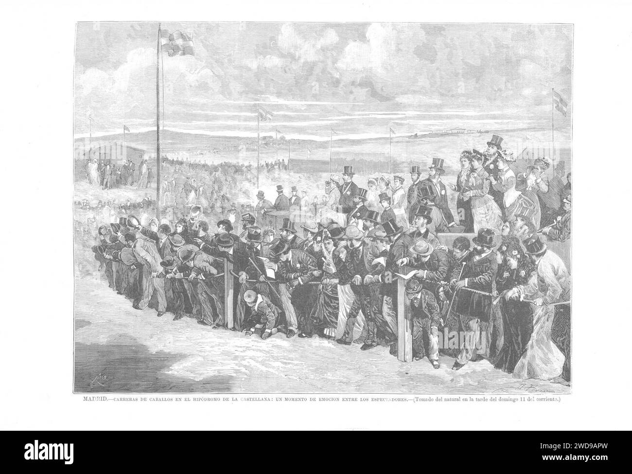 1879-05-22, La Ilustración Española y Americana, Madrid, Carreras de caballos en el hipódromo de la Castellana, Un momento de emoción entre los espectadores. Stock Photo