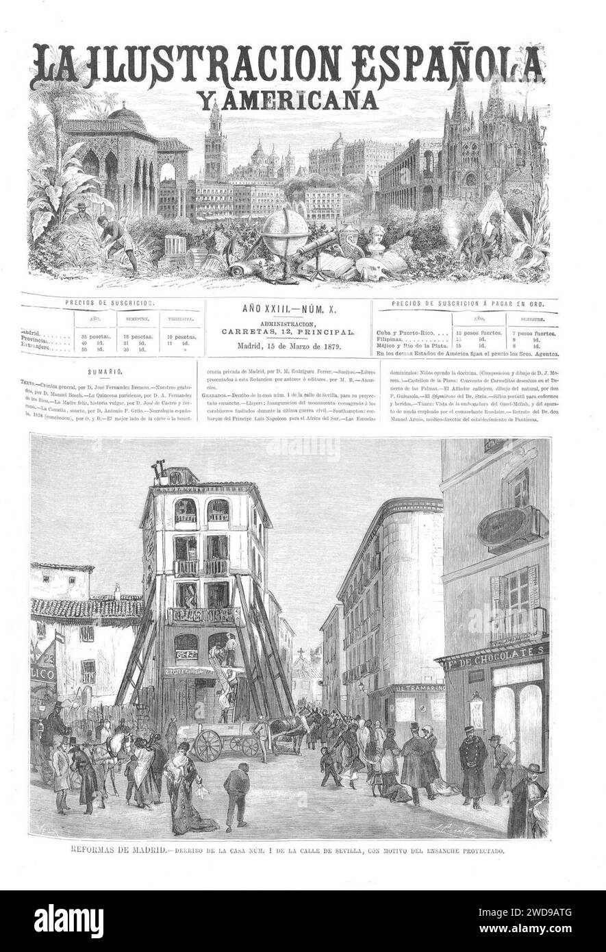 1879-03-15, La Ilustración Española y Americana, Reformas de Madrid, Derribo de la casa núm. 1 de la calle de Sevilla, con motivo del ensanche proyectado. Stock Photo