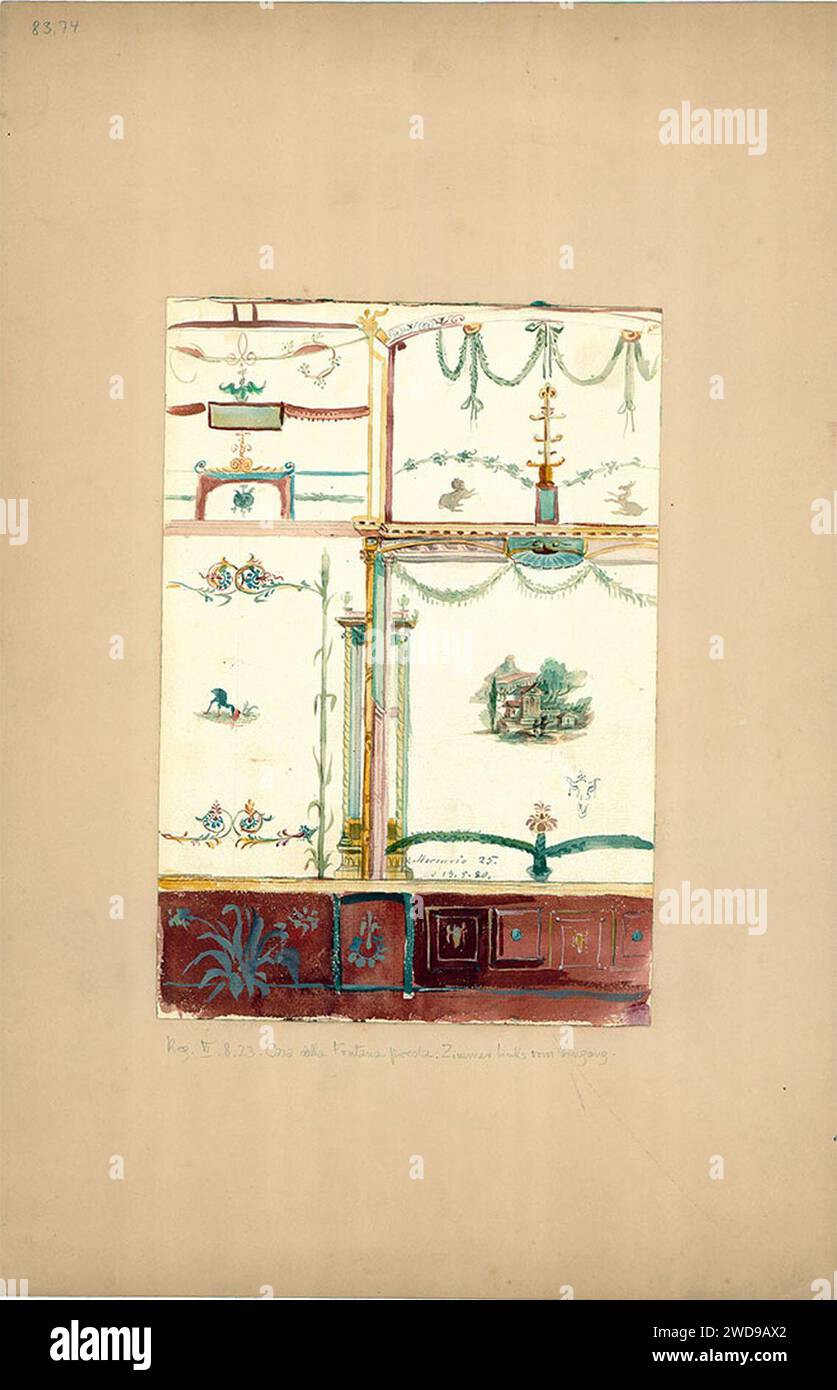 1880 watercolor of painted south wall in cubiculum with central architectural scene VI 8 23 Pompeii. Stock Photo