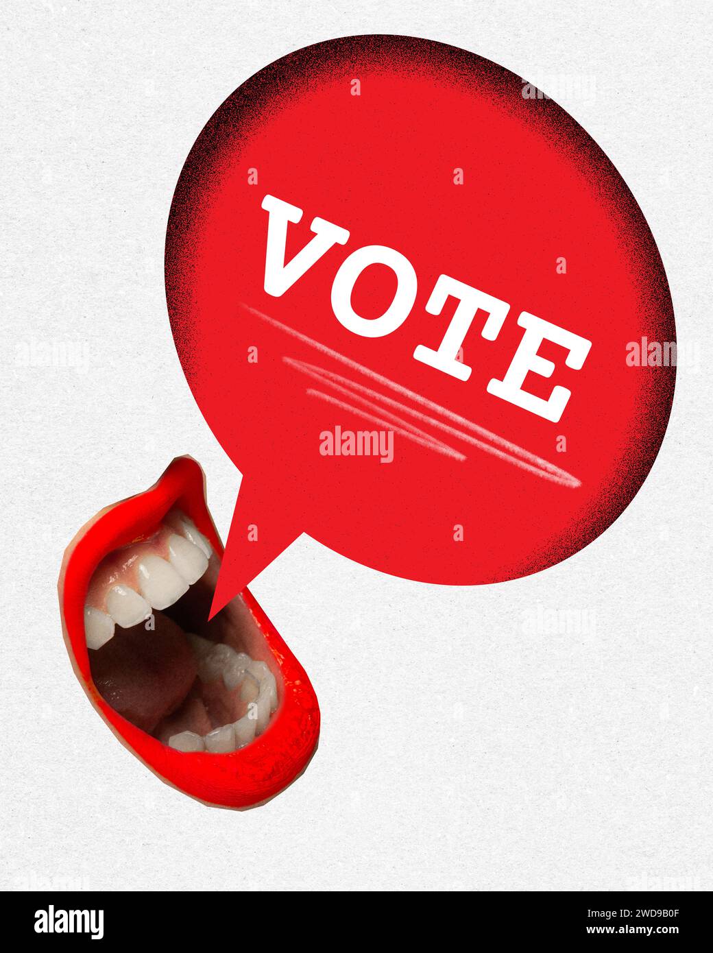 Contemporary art collage. Words of Power. Red speech bubble coming out