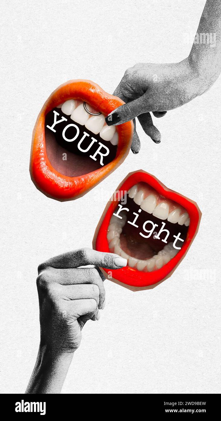 Contemporary art collage. Two hands holding open widely mouths with